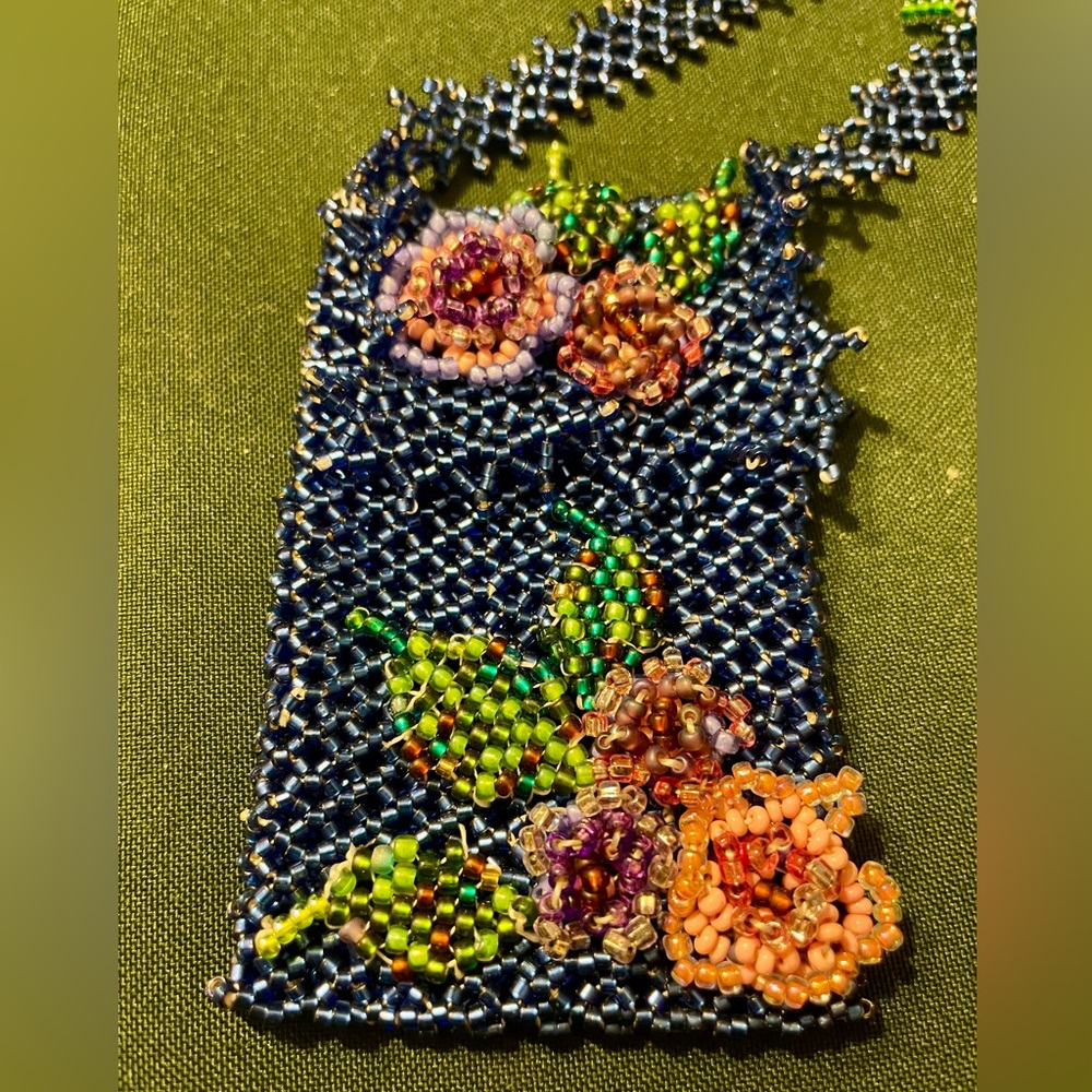 Vintage Blue Beaded Floral Amulet Medicine Totem Pouch Necklace. 38 inches - Picture 5 of 9